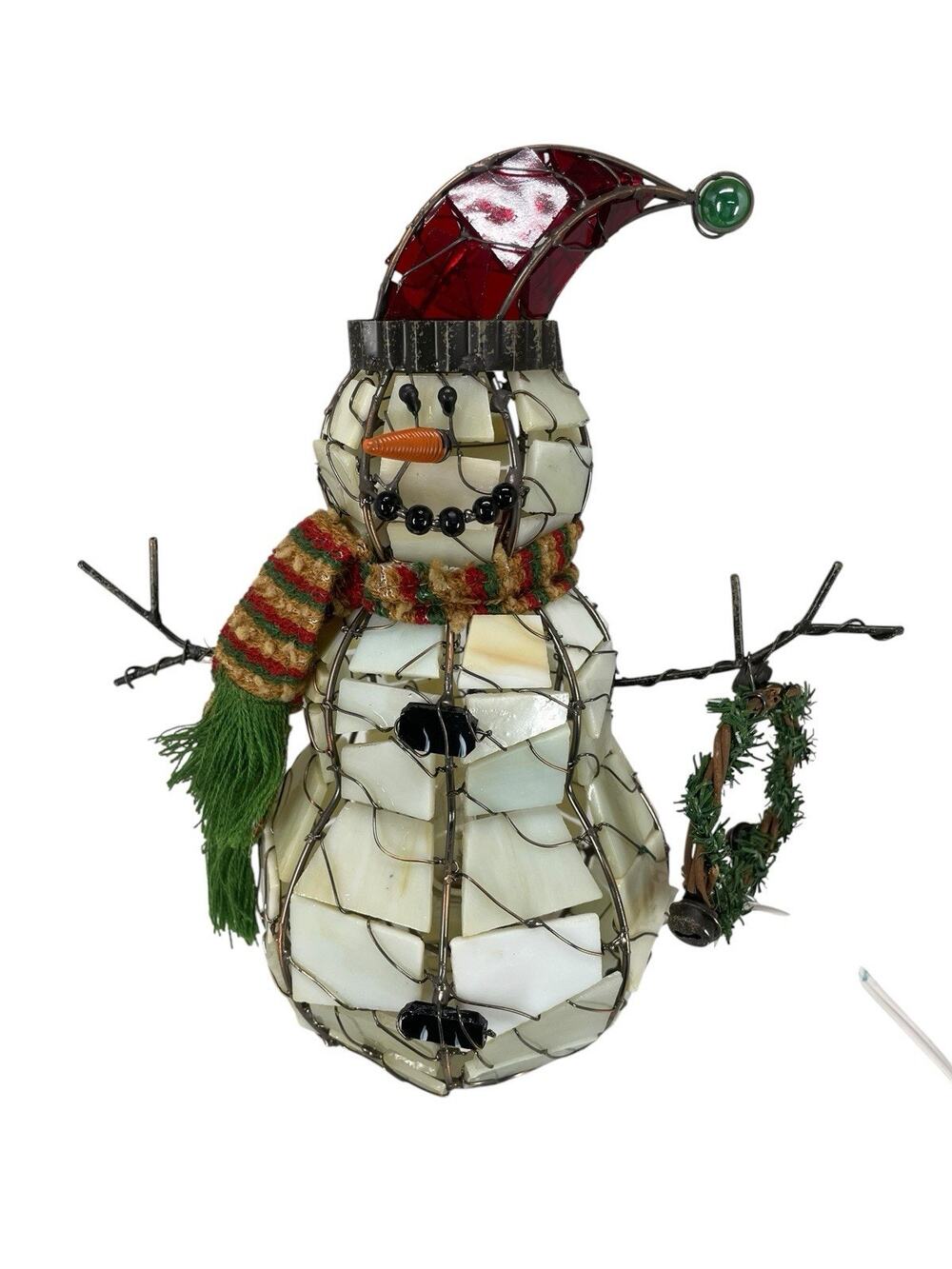 VTG Crack Mosaic Glass Lighted SNOWMAN Tabletop Lamp Figurine Christmas Decor